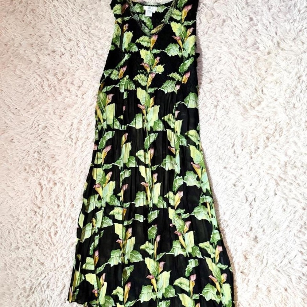 Tropical Resort Botanical Floral Travel Cruise Boho Textured Maxi Dress Womens M